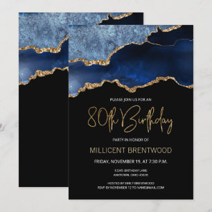 Eleganter Blau Gold Achat 80. Geburtstag Einladung