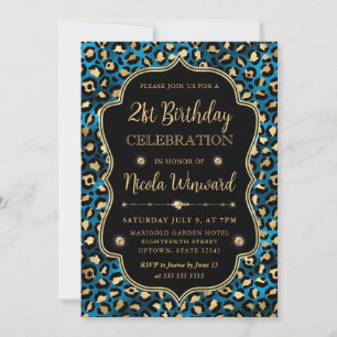 Eleganter Blau Gold Leopardendruck Geburtstag Einladung