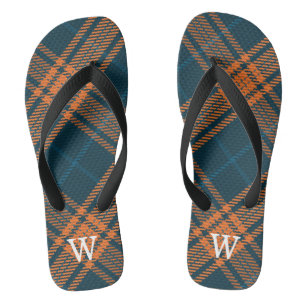 Eleganter blau- orange karierter Tartan personalis Badesandalen