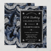 Eleganter Blau & Silver Glitzer Agate 60. Geburtst Einladung (Vorne/Hinten)