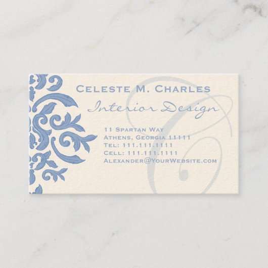 Eleganter Blau- und Cream Damask Letter C Visitenkarte (Vorderseite)