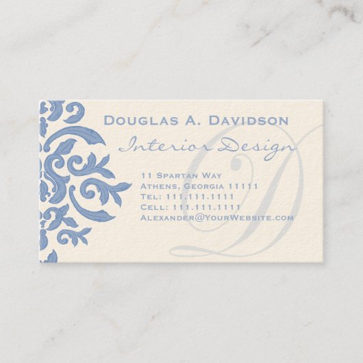 Eleganter Blau- und Cream Damask Letter D Visitenkarte (Vorderseite)