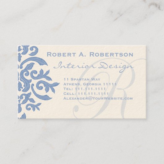 Eleganter Blau- und Cream Damask Letter R Visitenkarte (Vorderseite)