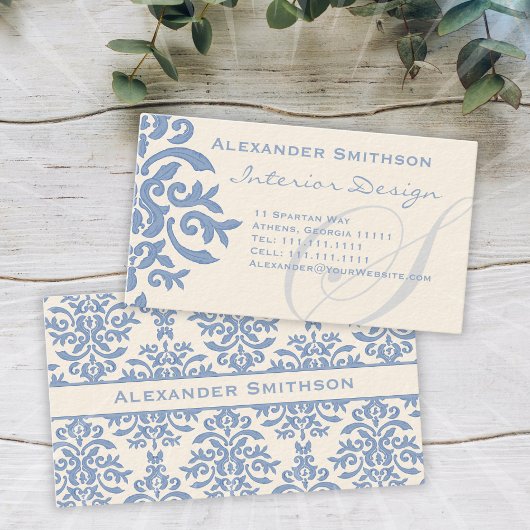 Eleganter Blau- und Cream Damask Letter S Visitenkarte