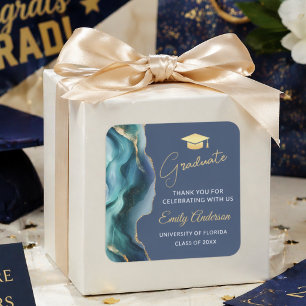 Eleganter Blau und Gold Achat Absolvent Danke Quadratischer Aufkleber
