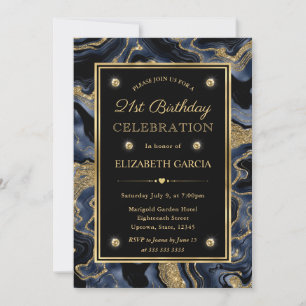 Eleganter Blau und Gold Glitter Achat 21. Geburtst Einladung