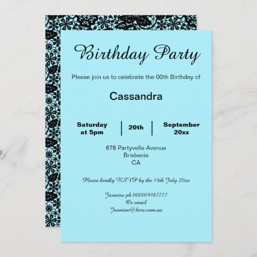 ELEGANTER BLAU UND SCHWARZE FLÄCHE GEBURTSTAG PART EINLADUNG (Vorne/Hinten)