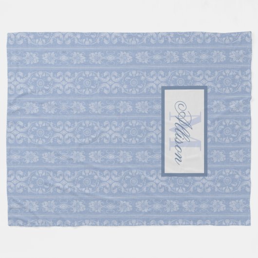 Eleganter blau-weißer Damast Mit Monogramm Fleecedecke (Vorderseite (Horizontal))
