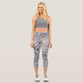 Eleganter blau-weißer Marmorwirl Capri Leggings