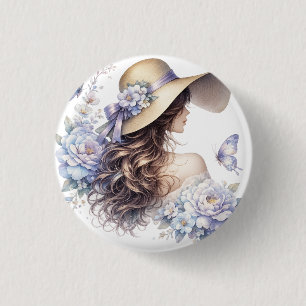 Eleganter blauer Blumen-Button mit Dame Button