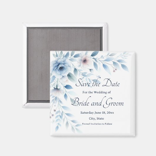 Eleganter blauer Blumen-Hochzeit-Save-the-Date-Mag Magnet (Vorderseite/Rückseite)