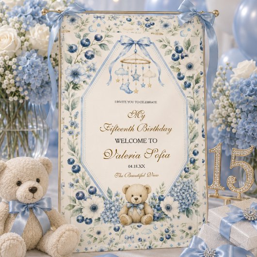 Eleganter blauer Blumen-Teddybär zum 15. Geburtsta Banner