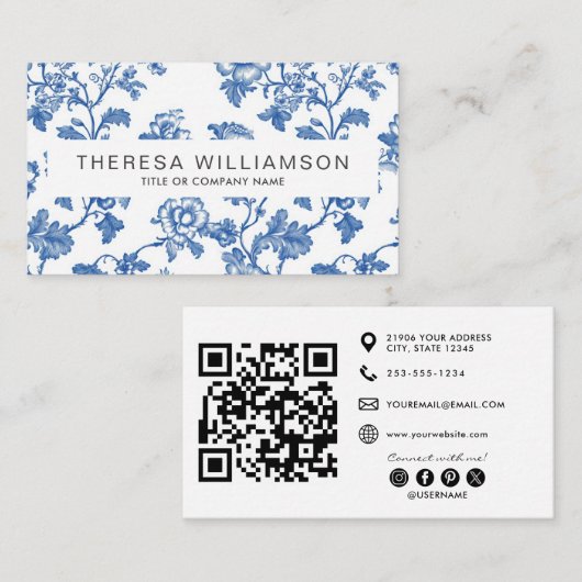 Eleganter blauer Blumen-Toile-QR-Code Visitenkarte (Vorne/Hinten)