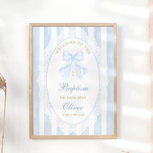 Eleganter blauer Bogen Junge Taufe Willkommen Poster