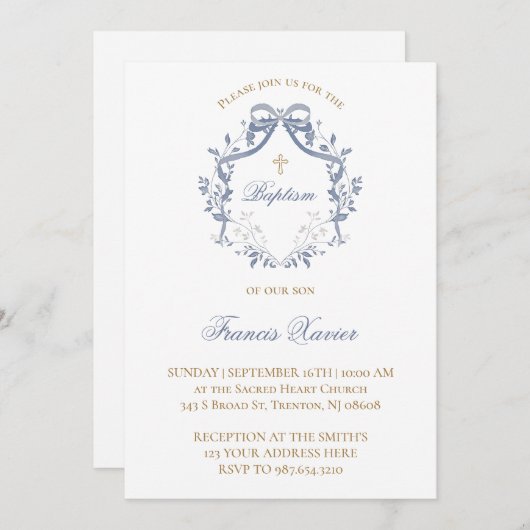 eleganter blauer Bogen | Taufe Einladung (Vorne/Hinten)