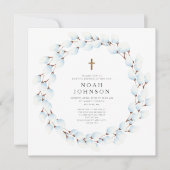 Eleganter Blauer Botanischer Religiöser Taufe Einladung (Vorderseite)