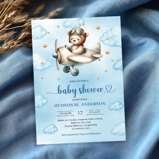Eleganter blauer brauner Teddybär-Pilot-Babyshower Einladung