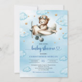Eleganter blauer brauner Teddybär-Pilot-Babyshower Einladung (Vorderseite)