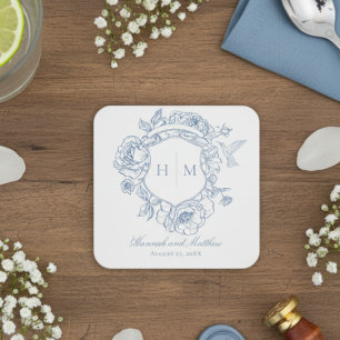 Eleganter blauer Chinoiserie-Vogel-Kamm-Hochzeit Rechteckiger Pappuntersetzer
