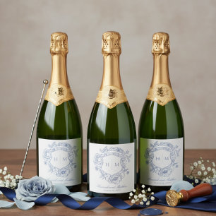 Eleganter blauer Chinoiserie-Vogel-Kamm-Hochzeit Schaumweinetikett