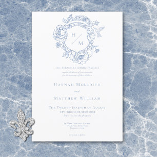 Eleganter blauer Chinoiserie-Vogel und Wappen zur  Einladung