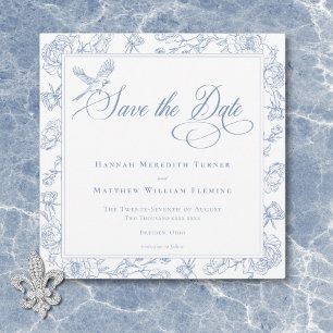 Eleganter blauer Chinoiserie-Vogel und Wappen zur  Save The Date