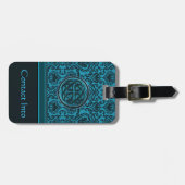 Eleganter blauer Damast und keltischer Knoten Gepäckanhänger (Vorderseite horizontal)