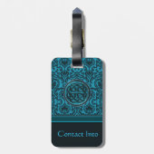 Eleganter blauer Damast und keltischer Knoten Gepäckanhänger (Rückseite vertikal)