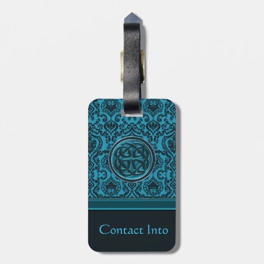 Eleganter blauer Damast und keltischer Knoten Gepäckanhänger (Rückseite vertikal)
