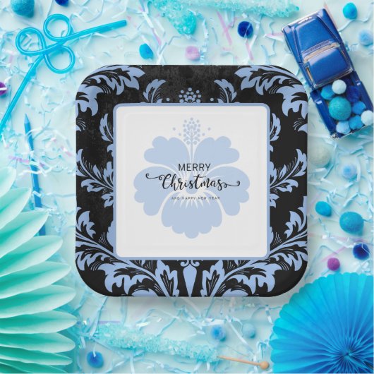 Eleganter blauer Damast Weihnachtskundenpapier Tel Pappteller (Party)