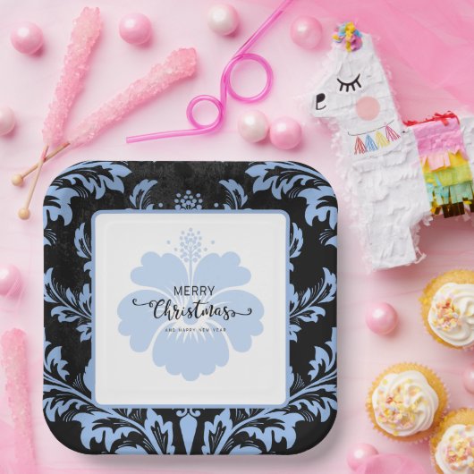 Eleganter blauer Damast Weihnachtskundenpapier Tel Pappteller (Party)