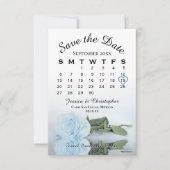 Eleganter blauer Dusty Blue Rose Hochzeitskalender Save The Date (Vorderseite)