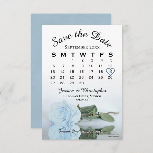 Eleganter blauer Dusty Blue Rose Hochzeitskalender Save The Date (Vorne/Hinten)