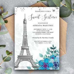 Eleganter blauer floraler Eiffelturm Sweet Sixteen Einladung