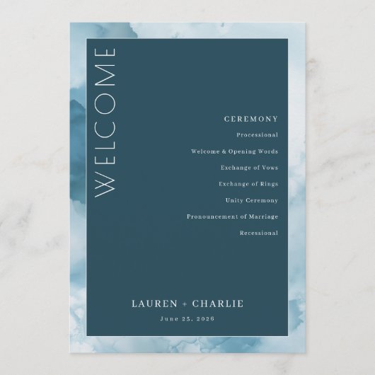 Eleganter blauer formeller Zeremonienplan Programm (Vorderseite)
