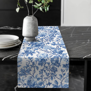 Eleganter blauer französischer Toile-Rosen-Blument Großer Tischläufer