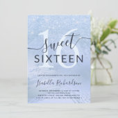 Eleganter blauer Glitzer 16 . Geburtstag Geburtsta Einladung (Stehend Vorderseite)