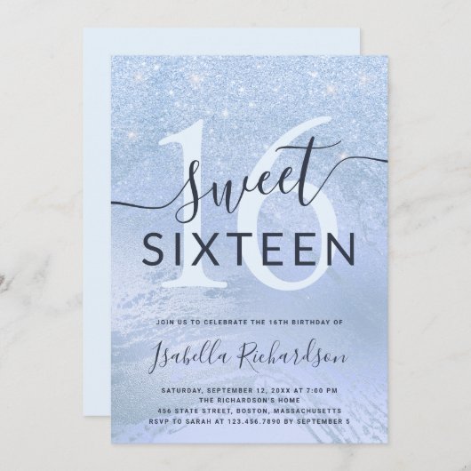 Eleganter blauer Glitzer 16 . Geburtstag Geburtsta Einladung (Vorne/Hinten)