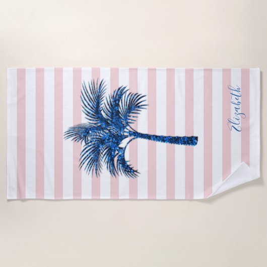 Eleganter blauer Glitzer Palm Pink Streifen Strandtuch (Vorderseite)