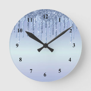 Eleganter Blauer Glitzer Tropfen Runde Wanduhr