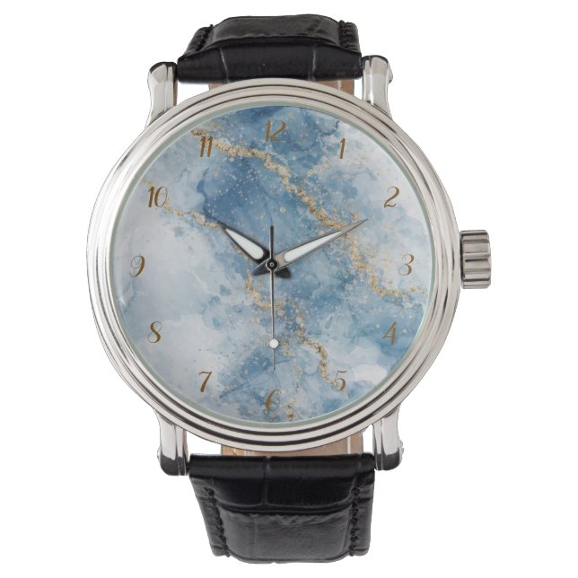 Eleganter blauer Gold-Glitter-Abstrakt-Flow        Armbanduhr (Vorderseite)