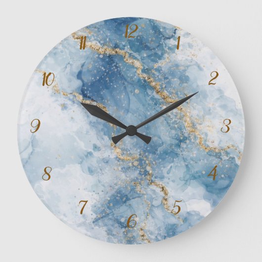 Eleganter blauer Gold-Glitter-Abstrakt-Flow Große Wanduhr (Vorderseite)