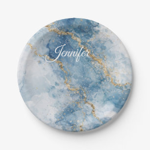 Eleganter blauer Gold-Glitter-Abstrakt-Flow Pappteller