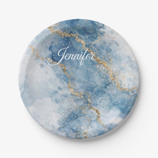 Eleganter blauer Gold-Glitter-Abstrakt-Flow Pappteller (Vorderseite)