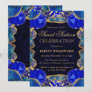 Eleganter blauer Goldkristallrahmen Sweet 16 Einladung