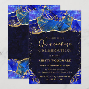 Eleganter blauer Goldkristallstein Quinceanera Einladung