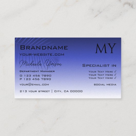 Eleganter Blauer Gradient und Palmblätterblatt mit Visitenkarte (Rückseite)