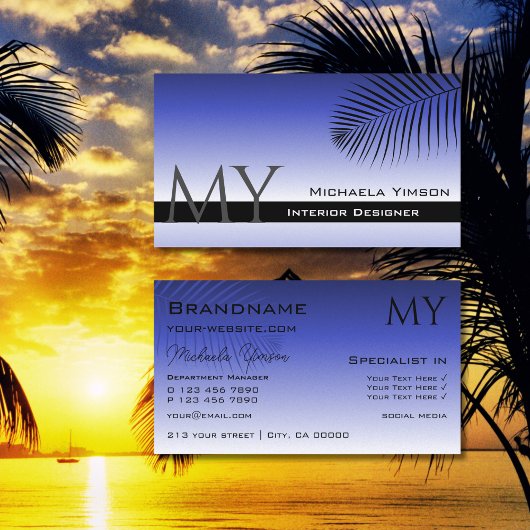 Eleganter Blauer Gradient und Palmblätterblatt mit Visitenkarte