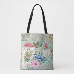 Eleganter blauer Jay-Vogel-Vintages rosa Blumen- Tasche