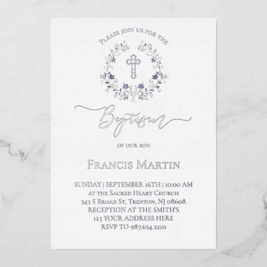 eleganter blauer Kranz Taufe Silber Folieneinladung (Vorderseite)